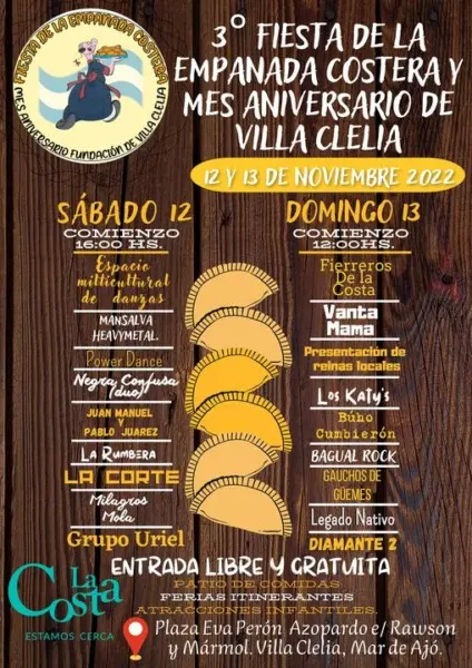 El fin de semana se realizará la 3ª Fiesta de la Empanada Costera y Mes Aniversario de Villa Clelia