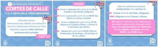 INFORMACIÓN IMPORTANTE: CORTES DE CALLE POR LA FIESTA DE LA TORTA ARGENTINA