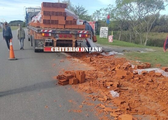 Camión pierde carga de ladrillos en Dolores